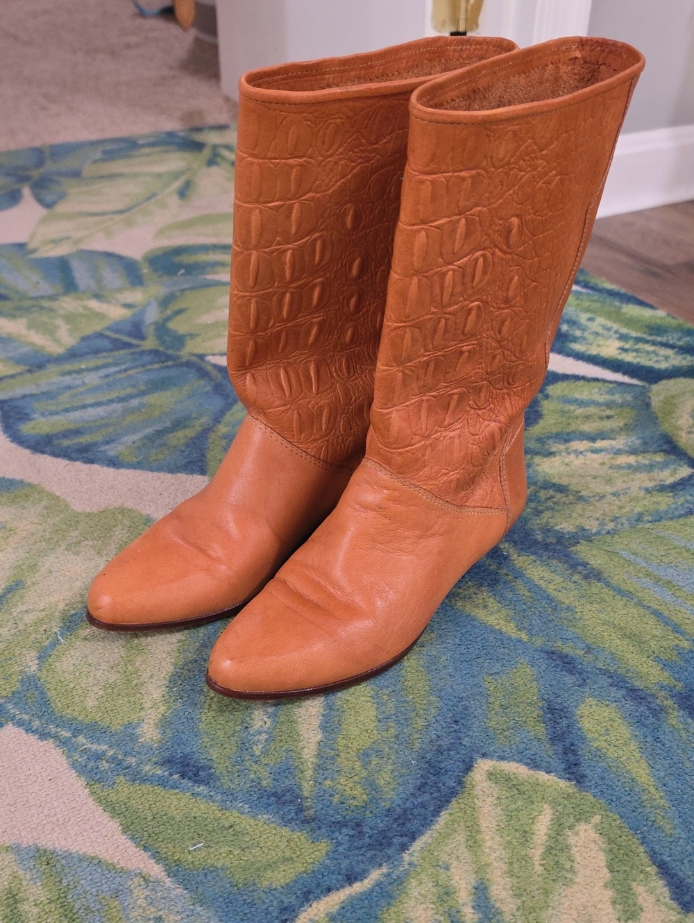 Unisa Tan Croc-Embossed Mid-Calf Leather Boots
